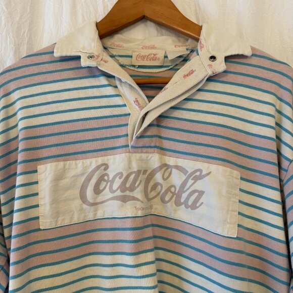 Vintage Coca-Cola 80s Shirt Polo Rugby Rare Pink Teal Stripes Coke Medium - Picture 2 of 10
